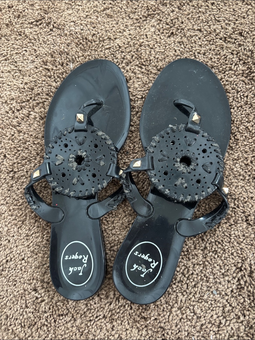 Jack Rogers Black Jelly Sandals with Gold Stud Accents